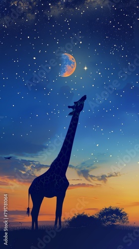 Giraffe reaching for the moon among stars at twilight © NK