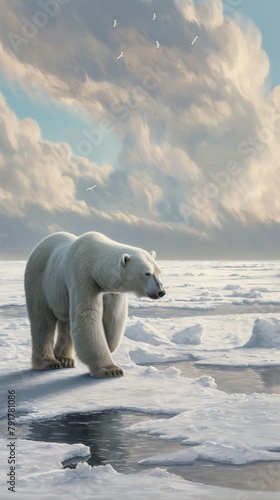 A majestic polar bear roams across the melting Arctic ice under a cloud-filled sky, highlighting issues of climate change and wildlife conservation