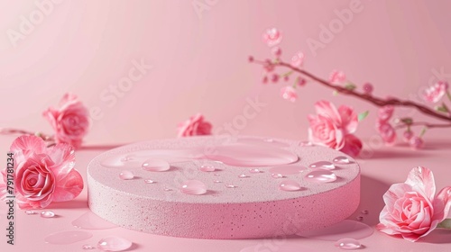 Pink podium with roses and water droplets on a pink background © NK