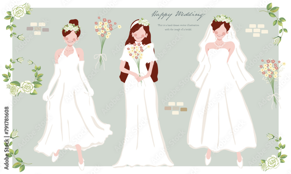 純白のウエディングドレス姿の花嫁たちのイラスト