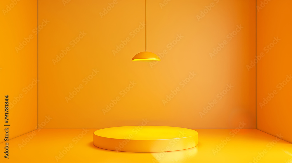 Modern minimalist orange room with a yellow hanging lamp and round pedestal Modern minimalist orange room with a yellow hanging lamp and round pedestal