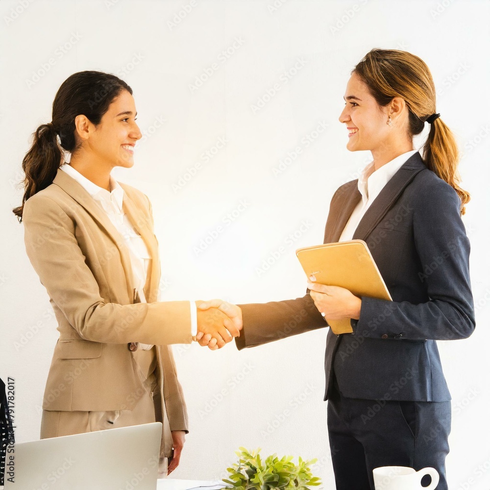 Two business people shaking hands behind a white background Two business people shaking hands behind a white background