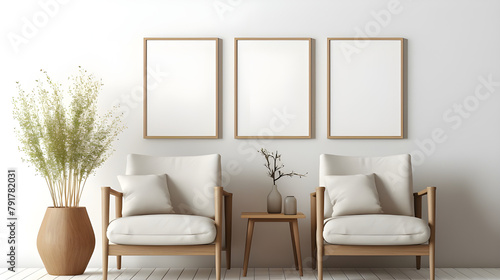 Blank picture frame mockup on a wall. Horizontal orientation. Artwork template in interior design © Rattanapon