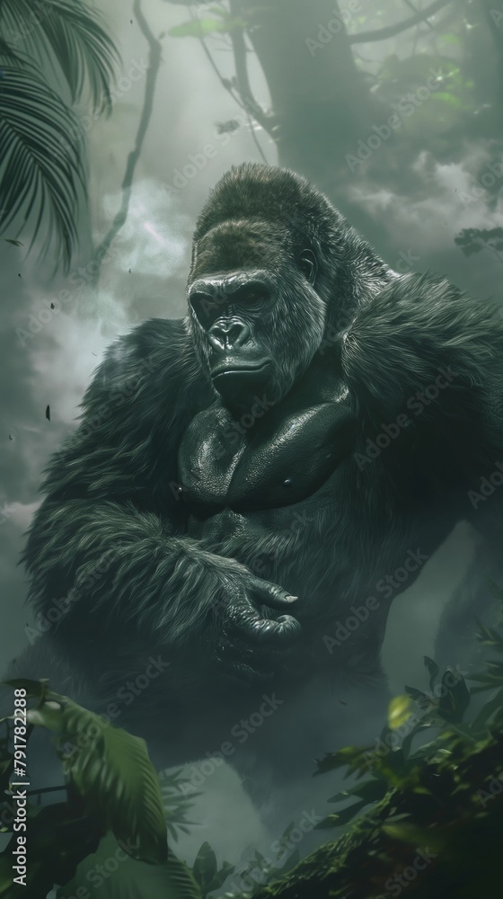 An imposing gorilla stands enveloped by the dense foliage of a misty jungle, evoking a sense of mystery and the wild's untamed beauty An imposing gorilla stands enveloped by the dense foliage of a misty jungle, evoking a sense of mystery and the wild's untamed beauty