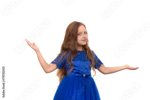 A little girl with long hair in a festive blue dress spread her arms. Isolated on a white background and there is space for text.