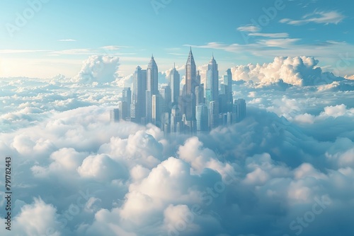 A beautiful digital painting of a city above the clouds.