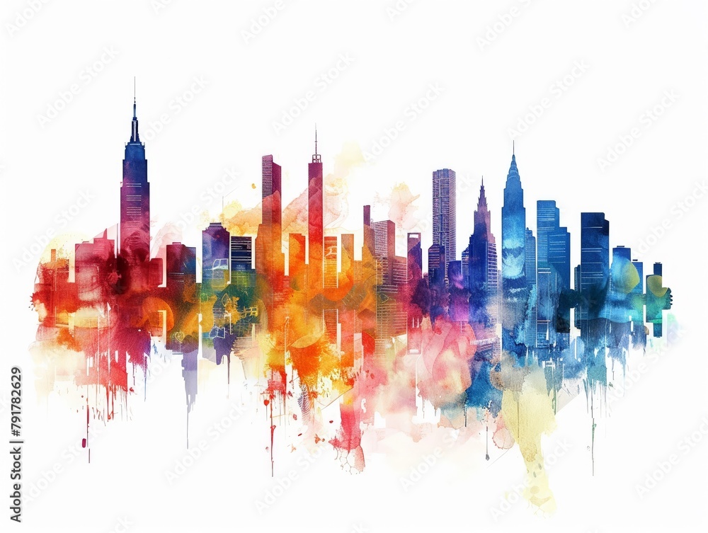 Obraz premium Skyline with evolving skyscrapers symbolizing economic growth, watercolor style
