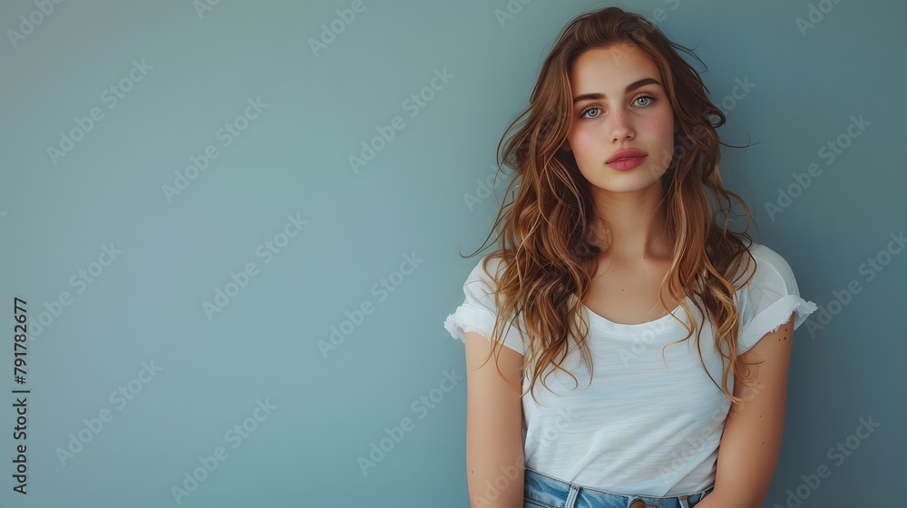 a woman with long hair and a white top is posing with a blue wall behind her a woman with long hair and a white top is posing with a blue wall behind her