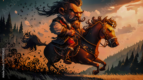 Folk character, the Cossack, riding proudly on horseback with an air of fearlessness and determination in sunset in cartoon and caricature style. Strong, defined facial features, piercing eyes, stern
