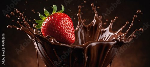 Strawberry with chocolate splash ai generated. Strawberry falling into the chocolate wave with drops. Generative AI © Tim UR