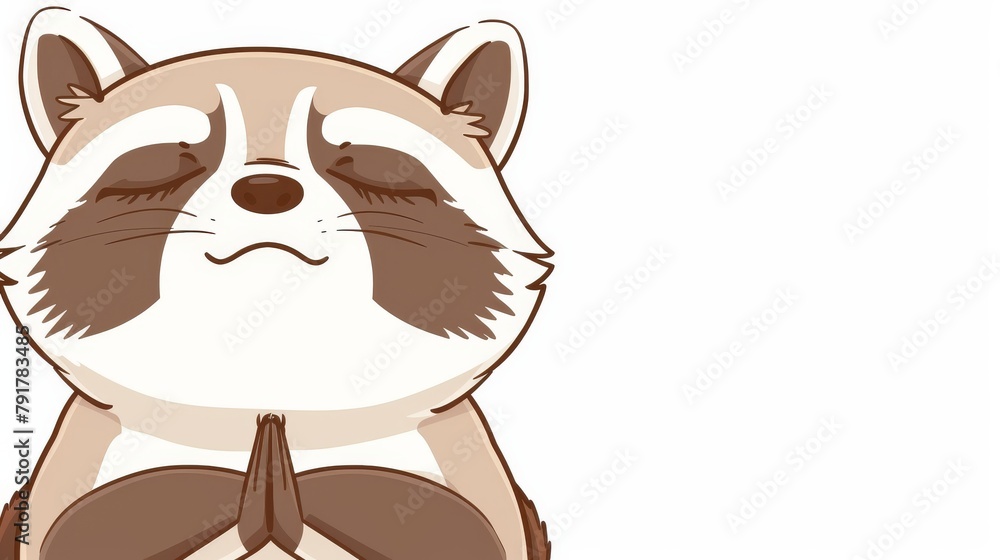 Naklejka premium Cartoon raccoon with eyes closed and hands in a prayer position on a minimalist background. Digital illustration of a peaceful raccoon in a meditative stance.