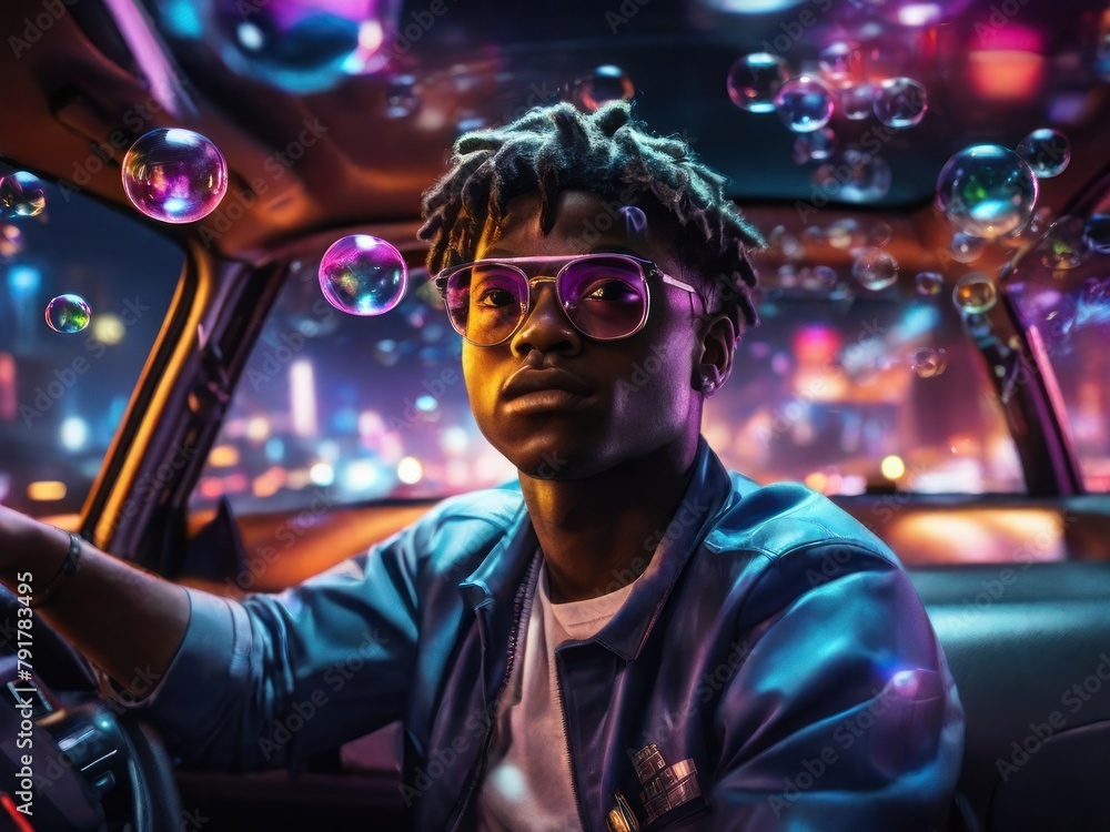 Close up photo of a black teenage with glasses and cairly hair underwater car ride near colorful bubbles water, fantasy