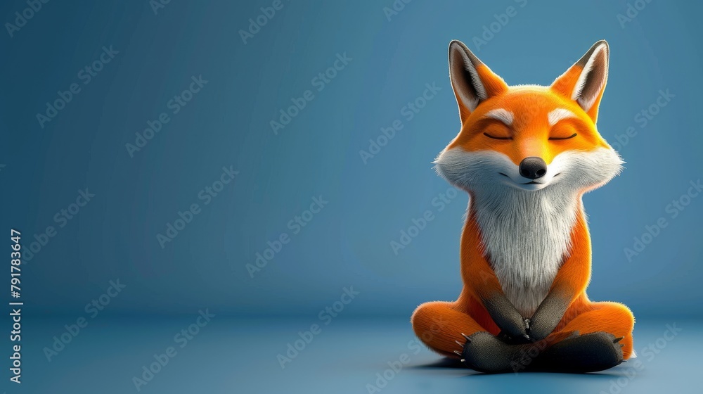 Fototapeta premium Meditative fox character sitting in a peaceful posture against a blue background. Digital illustration in 3D rendering. Mindfulness and tranquility concept.