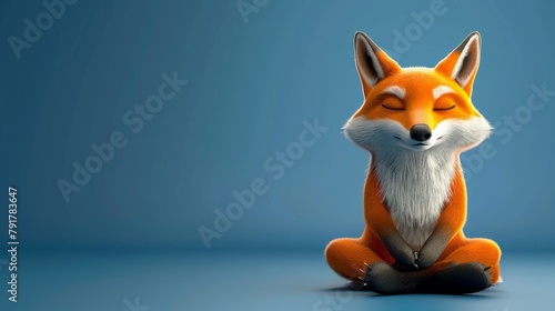 Meditative fox character sitting in a peaceful posture against a blue background. Digital illustration in 3D rendering. Mindfulness and tranquility concept. photo