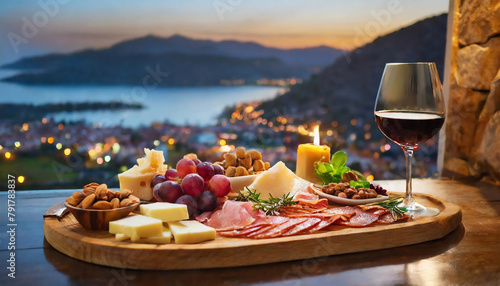 Cheese platter with wine, ham, salami, parmesan cheese and grapes on a wooden table in front of the Aegean sea in Turkey