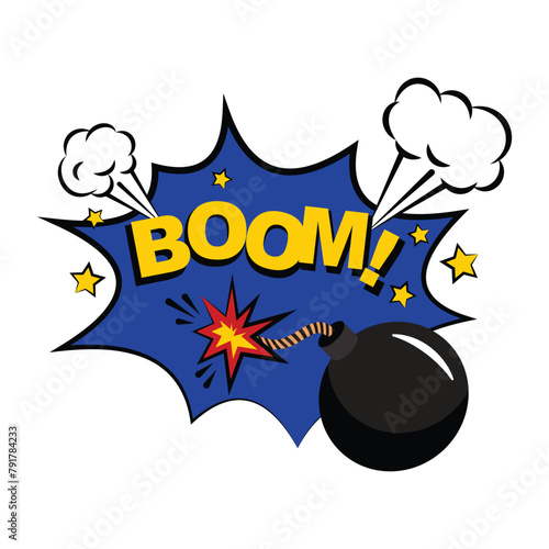 Boom! A sticker, an advertising design element with a bomb and stars, a cartoon-style explosion.