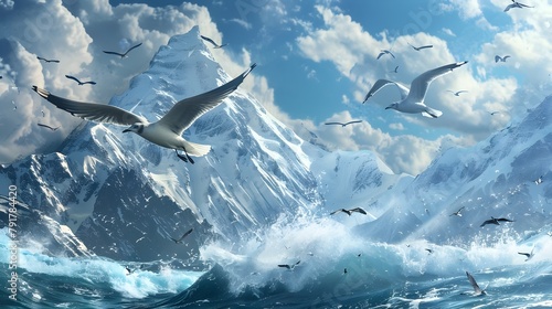 Seagulls Soaring over Snowcapped Himalayas A Testament to Natures Resilience in the Face of Climate Change photo