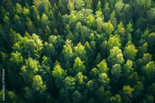 Aerial top view green forest and green trees in rural Altai, Drone photo.