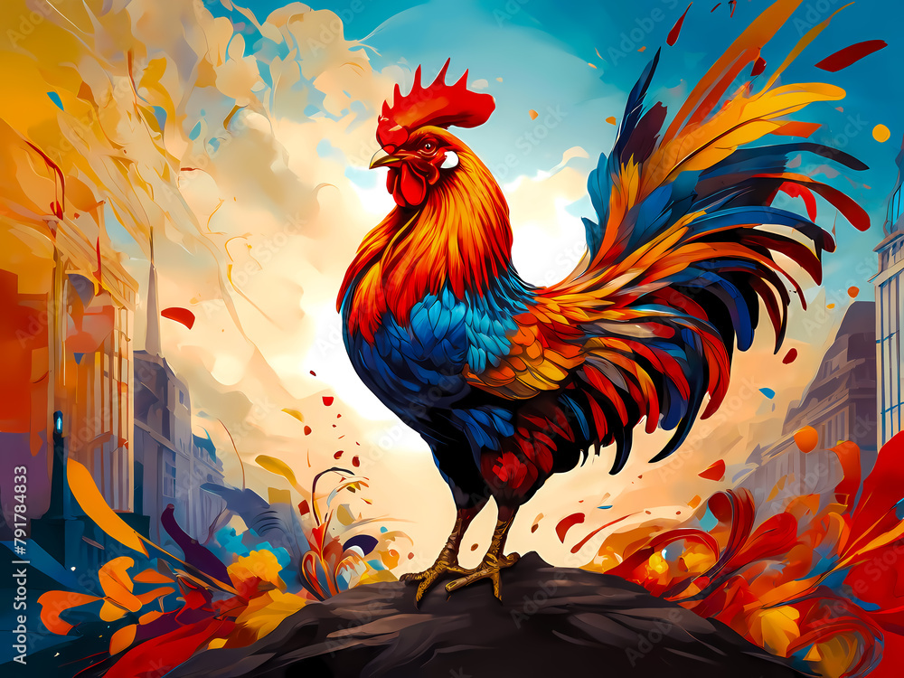 Fototapeta premium Illustration of a beautiful colorful rooster standing on a hump, a hill against the backdrop of the city in a modern slightly abstract style. Vibrant art, cock isolated closeup