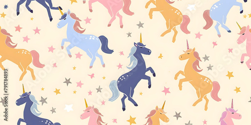 seamless pattern of childlike colorful unicorns