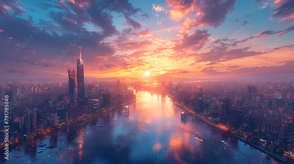 Majestic urban dawn with reflections on tranquil waters, Generative AI Majestic urban dawn with reflections on tranquil waters, Generative AI