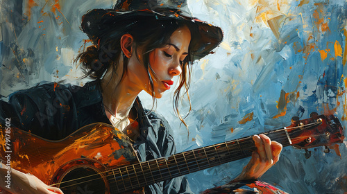 Colorful Liquid Art Watercolor Illustration of Female Guitar Player Playing A Guitar