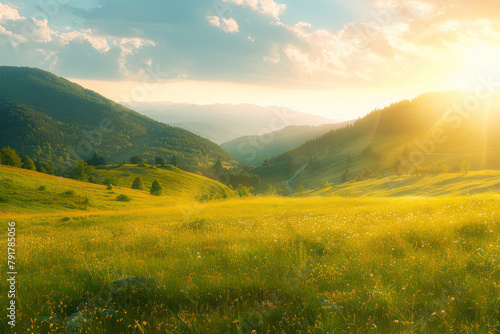 Amazing scene in summer mountains. Lush green grassy meadows in fantastic evening sunlight.