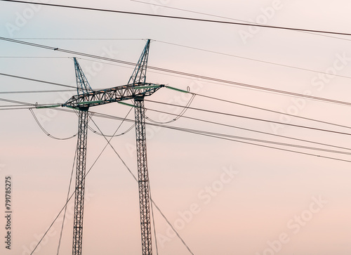 Electricity pylon transmission towers and electrical wires
