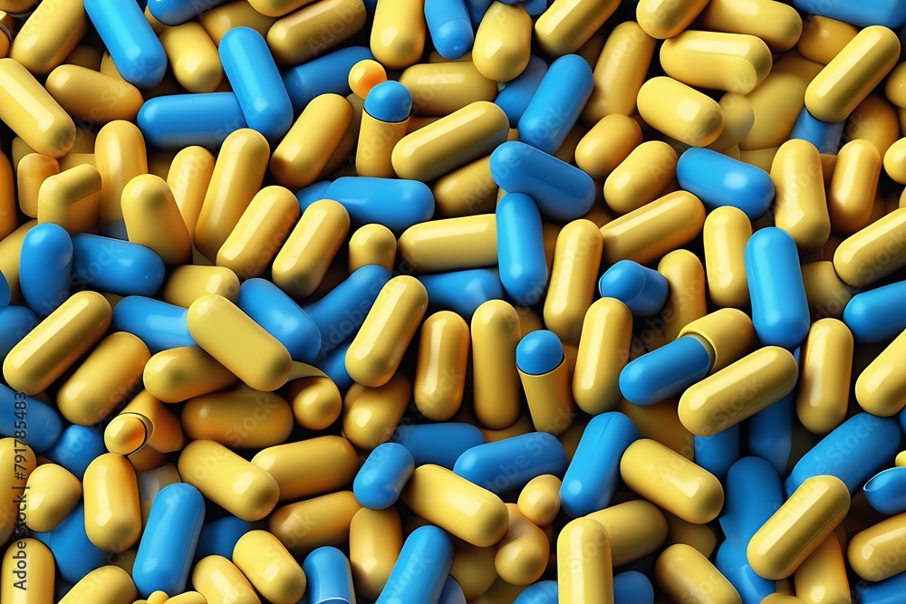 Yellow and Blue Capsule Pills , Antibiotics Resistance, Global Healthcare Concept with Capsule Pills, Pharmaceutical Industry Yellow and Blue Capsule Pills , Antibiotics Resistance, Global Healthcare Concept with Capsule Pills, Pharmaceutical Industry