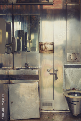 Old dirty public toilet with metallic interior