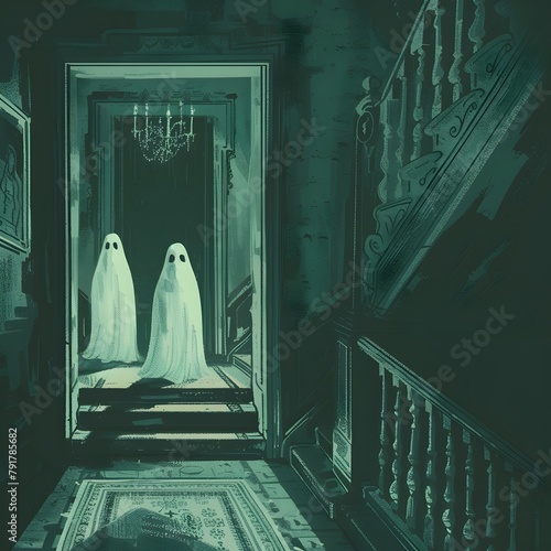 Spirited Conversation Ghostly Tales Shared in an Ancient Mansion at Night photo