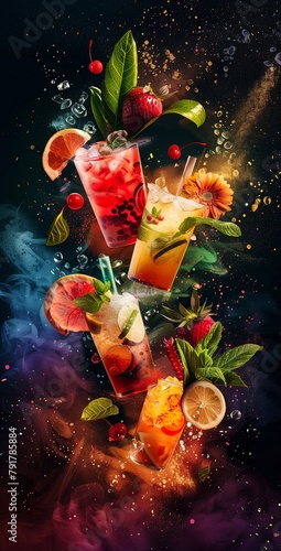 A summer cocktail at the bar. Professional photo of a fruity alcoholic cocktail. Menu cover
