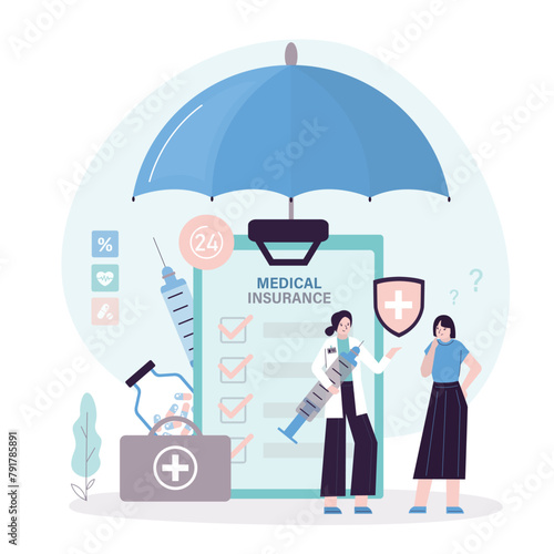 Health and medical insurance, concept banner. Doctor offering medical insurance policy contract. Woman patient under protective umbrella. Medicine and healthcare concept.