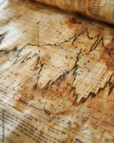 An old stained map overlaid with vintage stock market graph lines and notations.