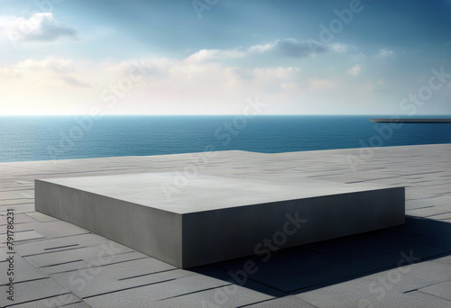 'sky floor plaza pebble podium gray concrete asphalt wall empty background Rectangle rendering sea blue 3d view poduim architecture building ground road way'