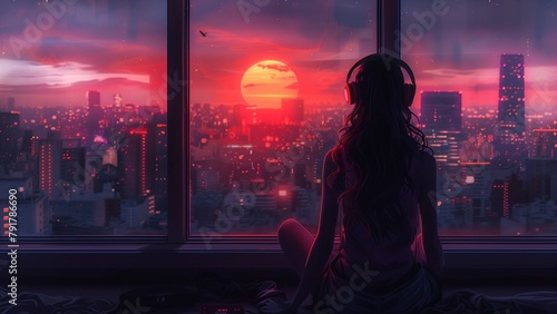 Synthwave anime manga girl, lofi background wallpaper design, anime girl, Manga Style