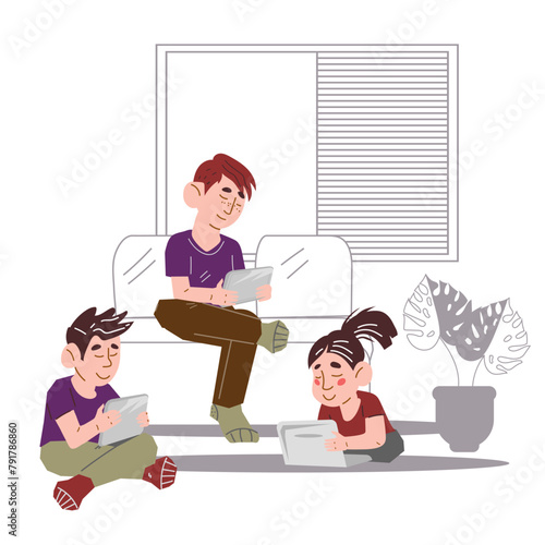 Digital native or alpha generation children using digital appliances such as laptops and phones, flat vector illustration isolated on white background. Children digital natives characters.