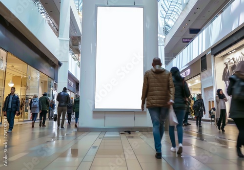 Standing on a wall, a person holds a blank board amidst a business interior with empty frames and advertising space, high-resolution (300 DPI)