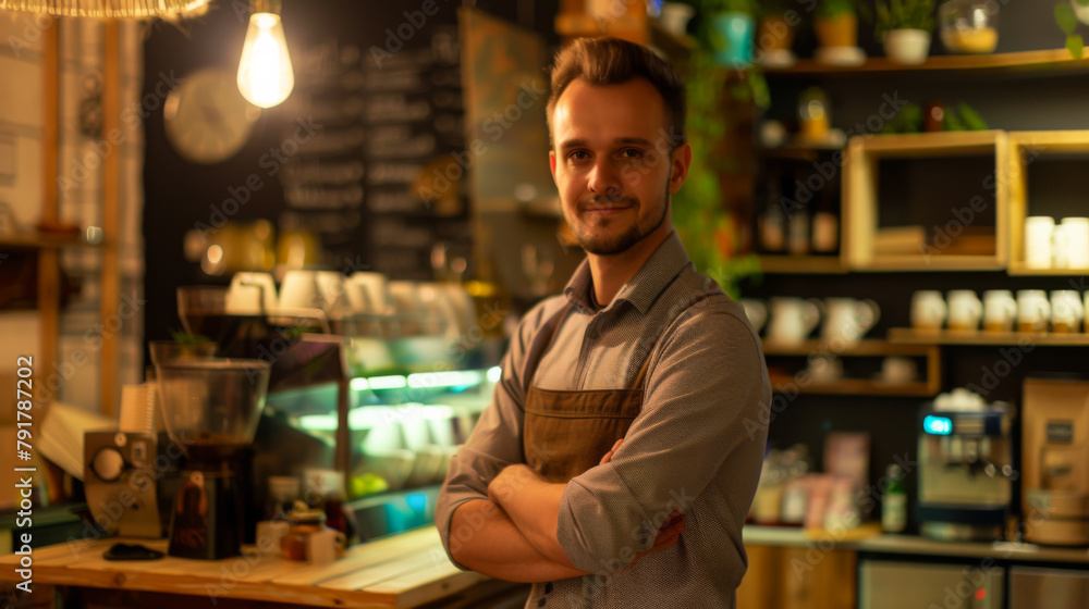 A man is standing in a coffee shop with a smile on his face. He is wearing a white shirt and a black watch. The coffee shop is filled with various items such as cups, bowls, and potted plants A man is standing in a coffee shop with a smile on his face. He is wearing a white shirt and a black watch. The coffee shop is filled with various items such as cups, bowls, and potted plants