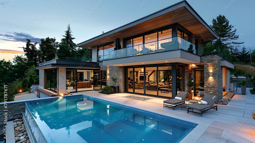 Luxurious Modern Home with Pool at Twilight, Generative AI