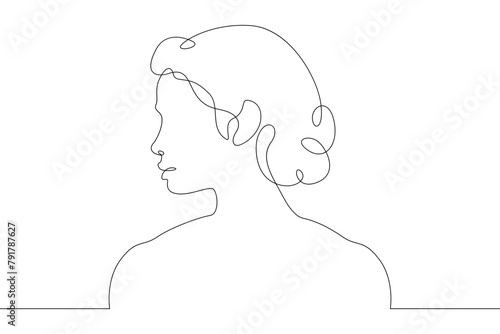 Continuous one line drawing sketch design illustration.Portrait of the head of a female character in profile.Woman face Abstract concept line art silhouette contour. Graphic design outline isolated