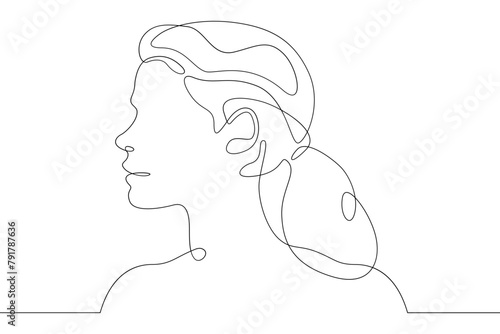 Continuous one line drawing sketch design illustration.Portrait of the head of a female character in profile.Woman face Abstract concept line art silhouette contour. Graphic design outline isolated