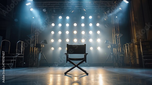 Director's chair on stage with bright lights and floodlights.