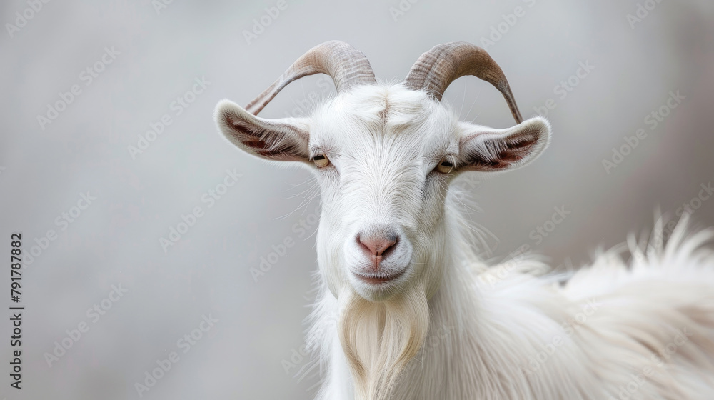 White goat close up on light grey background, banner, studio photo. White goat close up on light grey background, banner, studio photo.