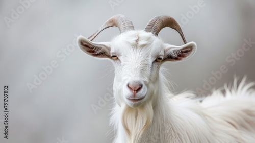 White goat close up on light grey background, banner, studio photo.