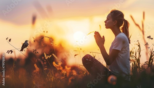 Woman praying and free bird enjoying nature on sunset background, hope concept Human hands open palm up worship. Eucharist Therapy Bless God Helping Repent Catholic Easter Lent Mind Pray. Christian  © Sittipol 