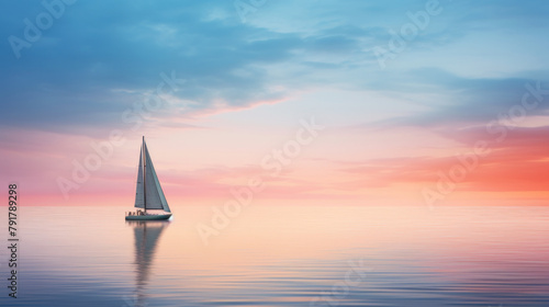Lone sailboat on smooth water against sunset sky