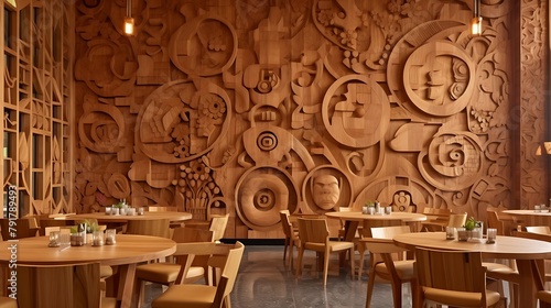 an image that portrays the sophistication of a culinary space adorned with exquisite wooden art installations © Rao