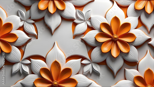 3d illustration  abstract geometric background  white and orange flowers with shadow