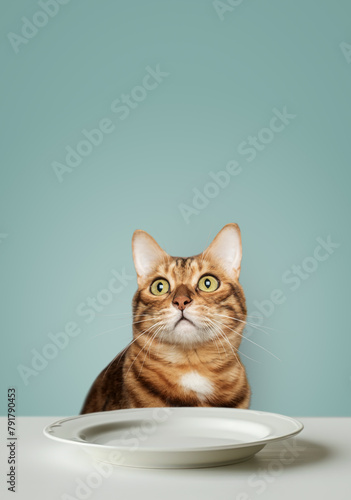 Funny portrait of a hungry cat on a green background, near an empty plate on the table.